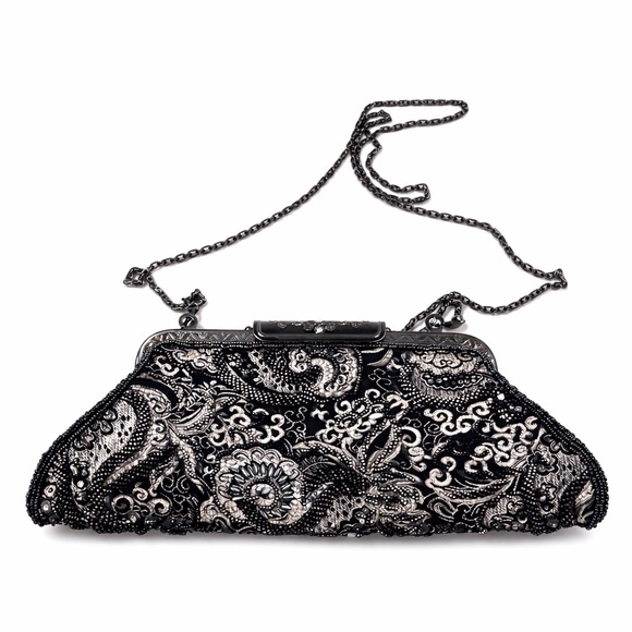 Moni Couture Handbags - Moni Couture Black Silver Beaded Sequined Evening Occasion Clutch Bag Chain